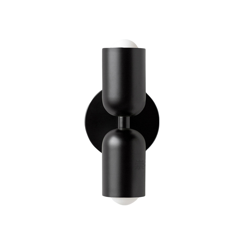 Nordic colourful double head wall light in vibrant colors, painted iron, sleek cylindrical design, casts light up and down.