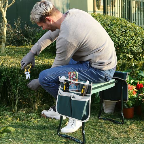 "Padded gardening seat kneeler with handles, ergonomic design, supports knees, lightweight, foldable for easy transport."