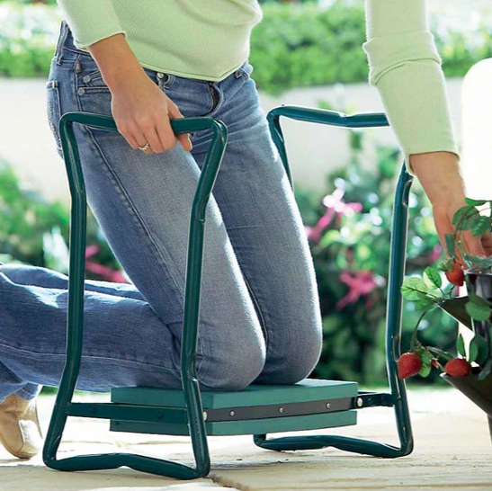 "Padded gardening seat kneeler with handles, ergonomic design, supports knees, lightweight, foldable for easy transport."