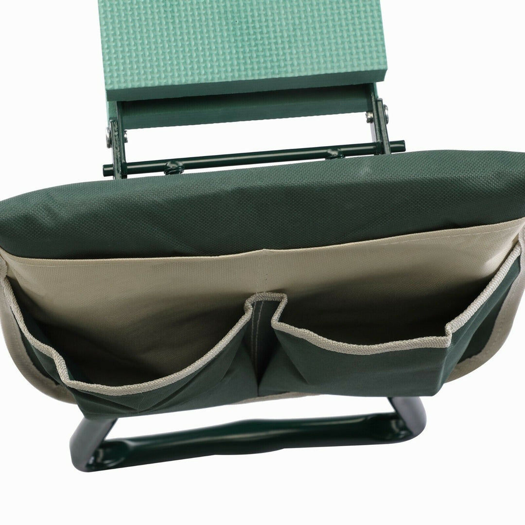 "Padded gardening seat kneeler with handles, ergonomic design, supports knees, lightweight, foldable for easy transport."