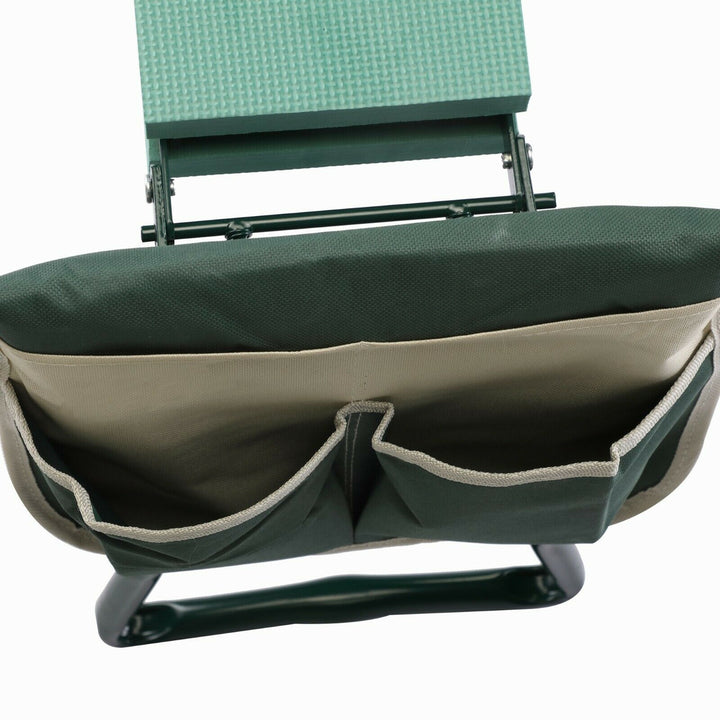 "Padded gardening seat kneeler with handles, ergonomic design, supports knees, lightweight, foldable for easy transport."
