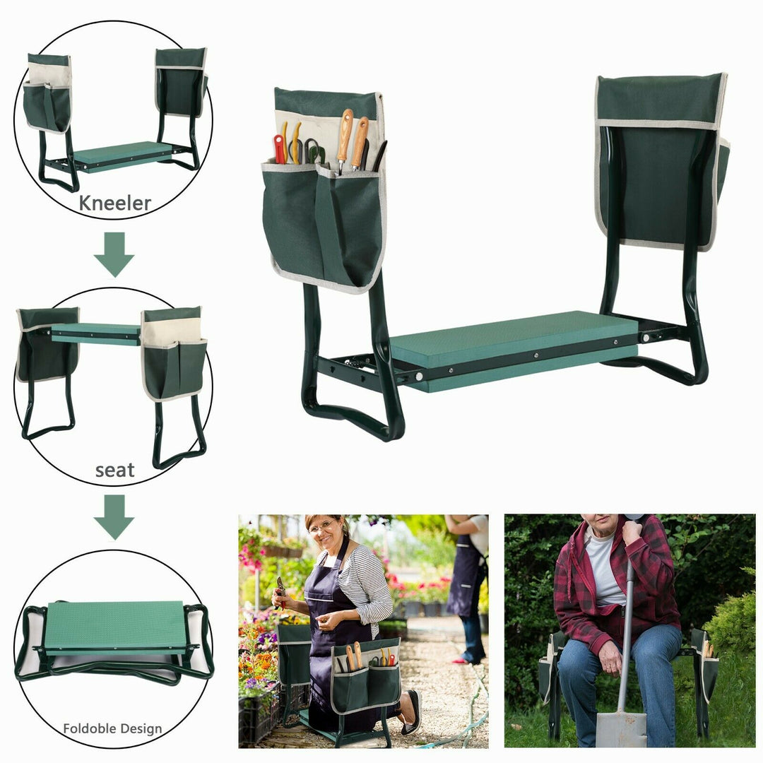 "Padded gardening seat kneeler with handles, ergonomic design, supports knees, lightweight, foldable for easy transport."