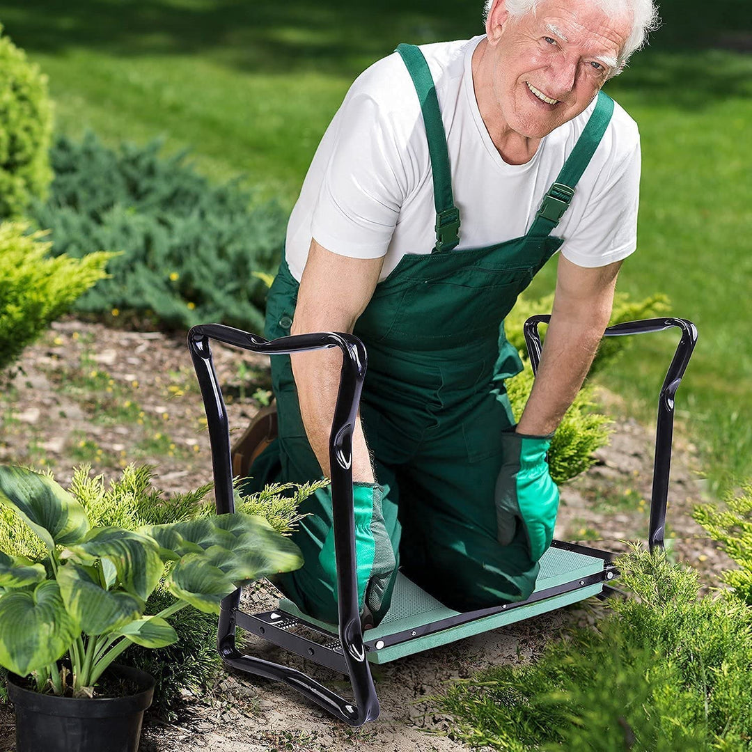 "Padded gardening seat kneeler with handles, ergonomic design, supports knees, lightweight, foldable for easy transport."