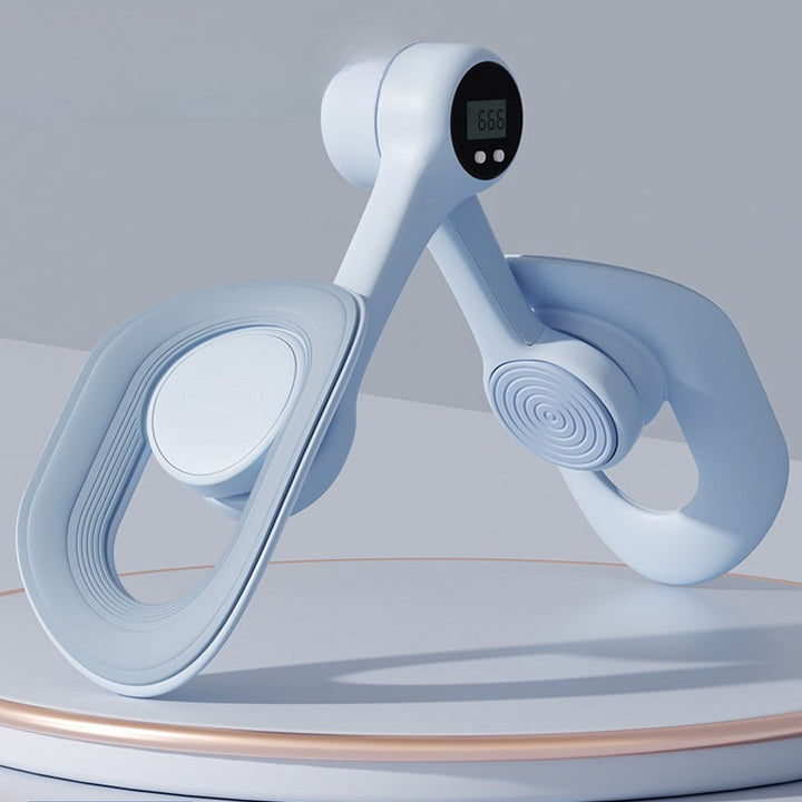 Pink adjustable pelvic and thigh trainer, compact design with digital counter, suitable for all fitness levels and portable.