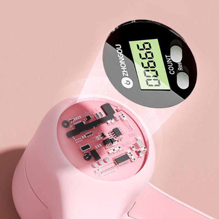 Pink adjustable pelvic and thigh trainer, compact design with digital counter, suitable for all fitness levels and portable.