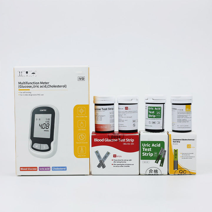 "Portable cholesterol test kit for home use; compact device with test strips and lancets for easy heart health monitoring."