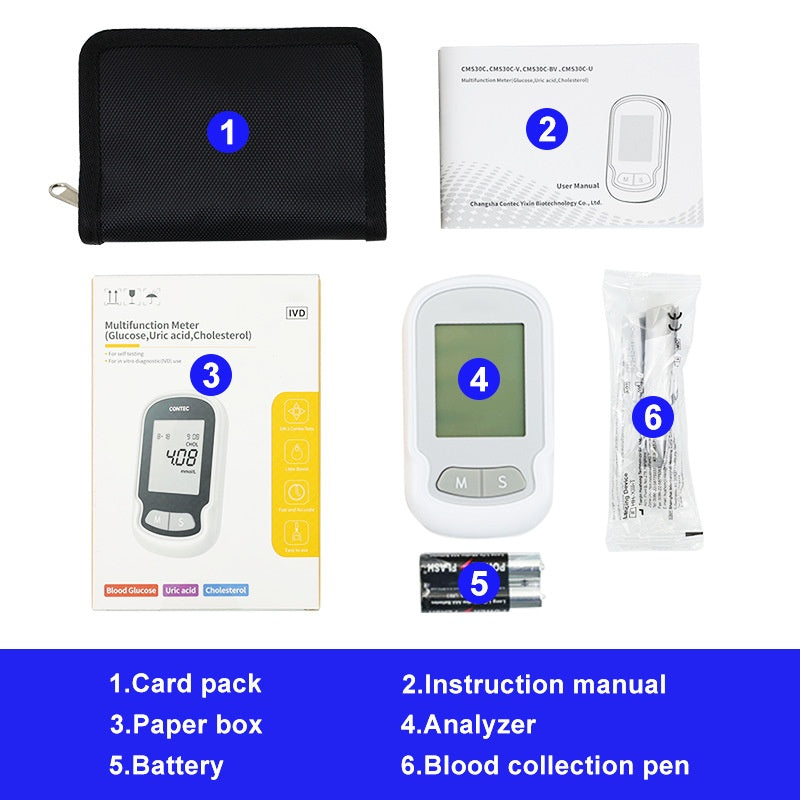 "Portable cholesterol test kit for home use; compact device with test strips and lancets for easy heart health monitoring."