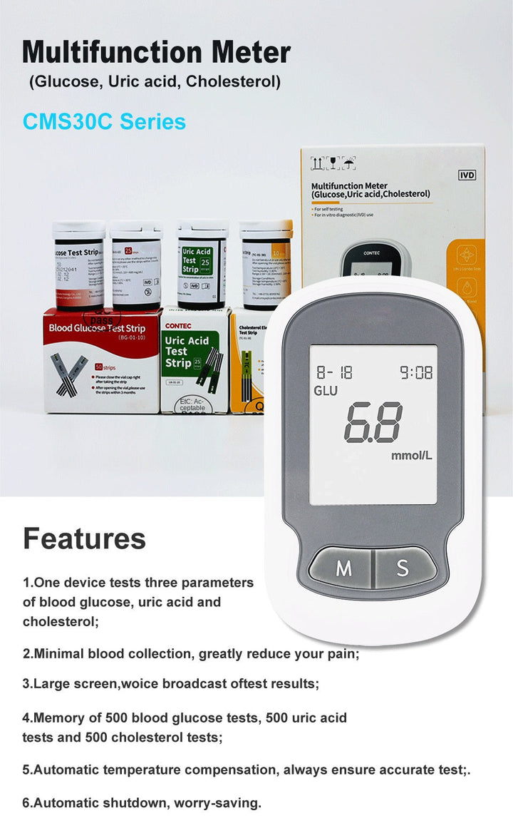 "Portable cholesterol test kit for home use; compact device with test strips and lancets for easy heart health monitoring."