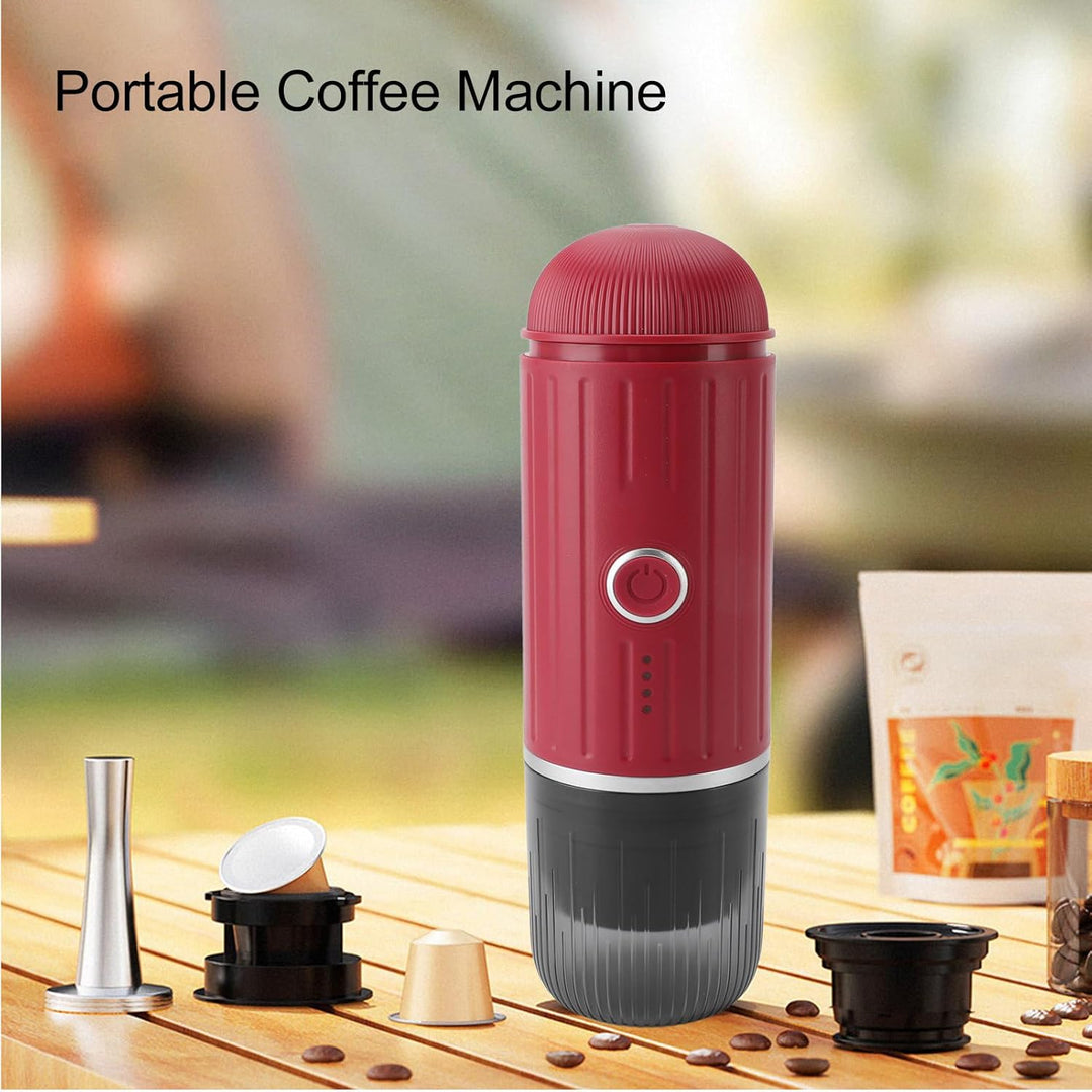 Portable electric espresso machine with USB-C, black, compact, features sleek design, perfect for travel, uses capsules/groun