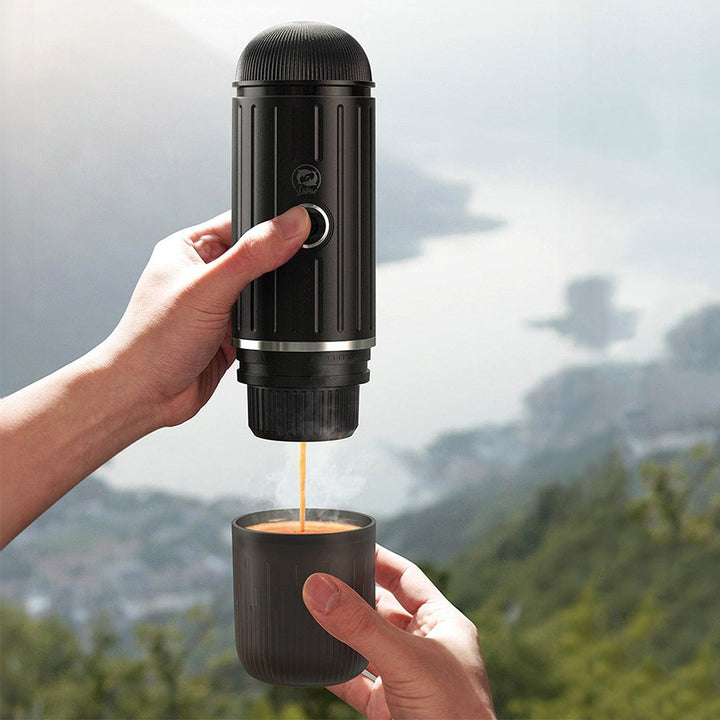 Portable electric espresso machine with USB-C, black, compact, features sleek design, perfect for travel, uses capsules/groun