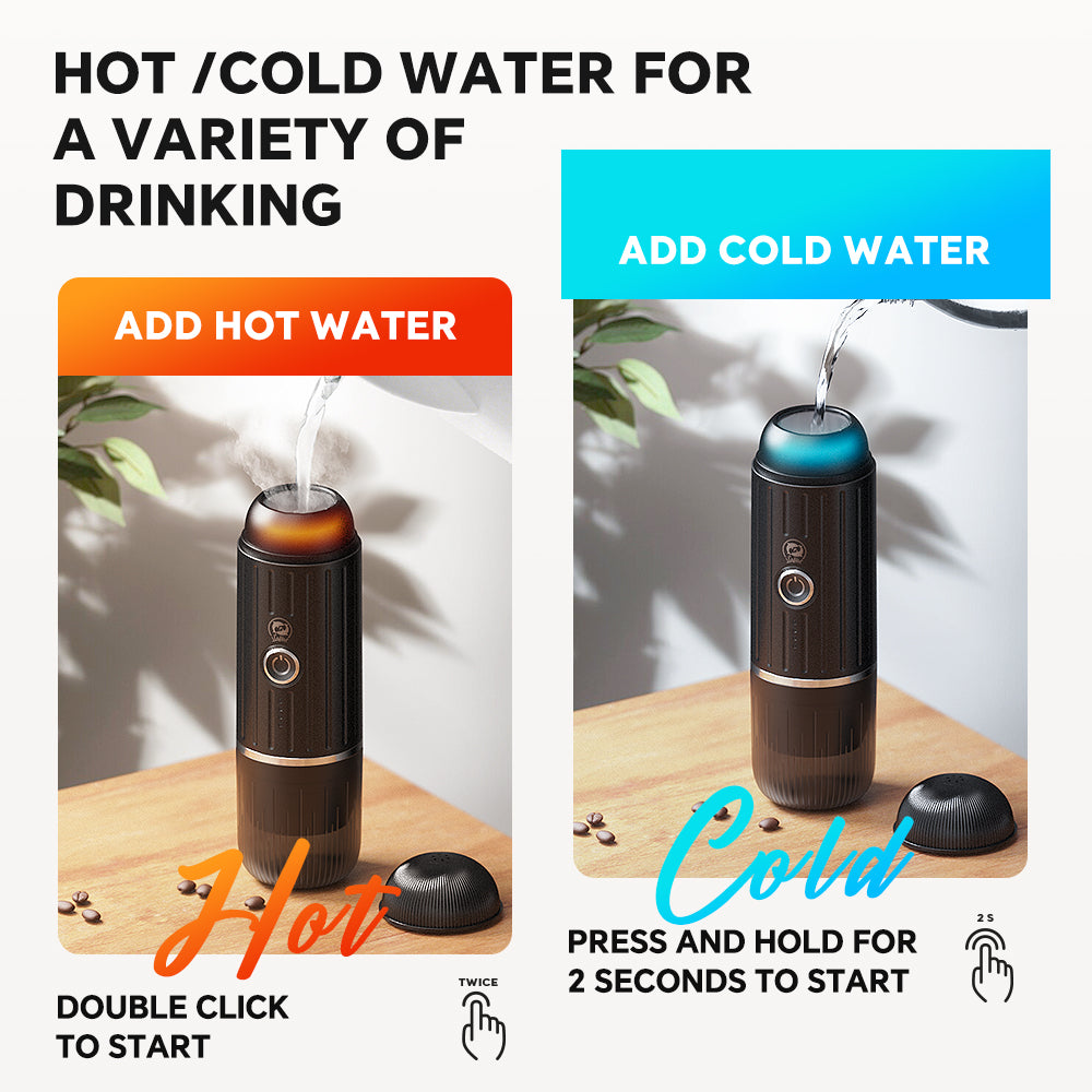 Portable electric espresso machine with USB-C, black, compact, features sleek design, perfect for travel, uses capsules/groun