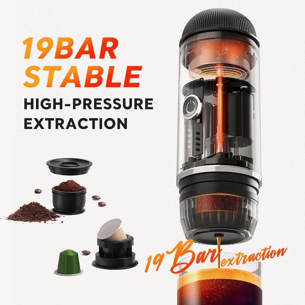 Portable electric espresso machine with USB-C, black, compact, features sleek design, perfect for travel, uses capsules/groun