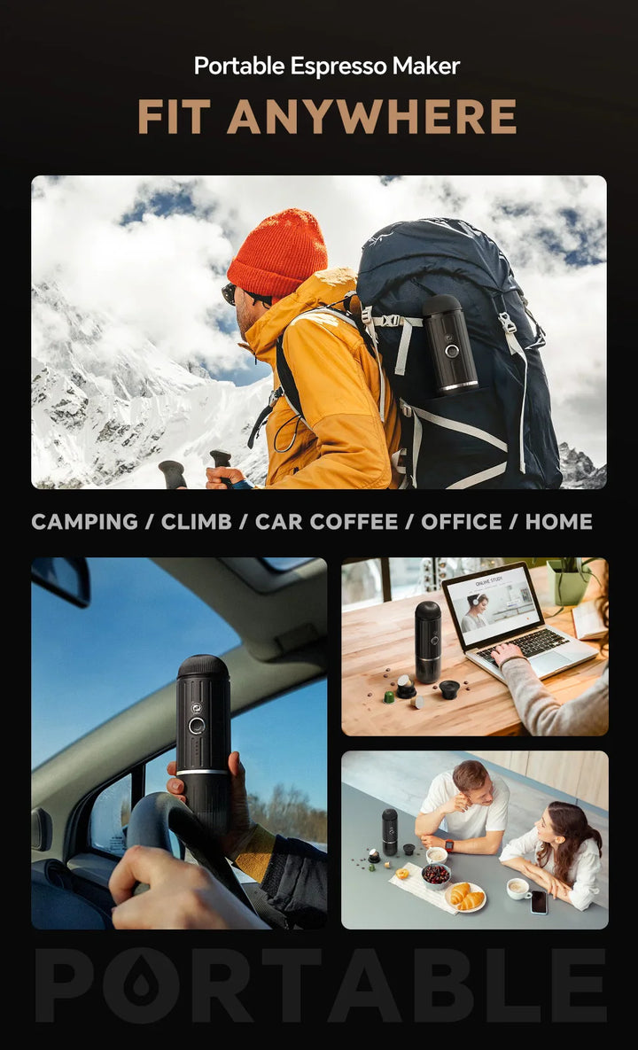 Portable electric espresso machine with USB-C, black, compact, features sleek design, perfect for travel, uses capsules/groun