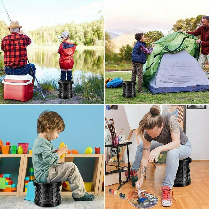"Portable retractable telescopic camping chair, adjustable height, collapsible design, ideal for camping, fishing, travel use