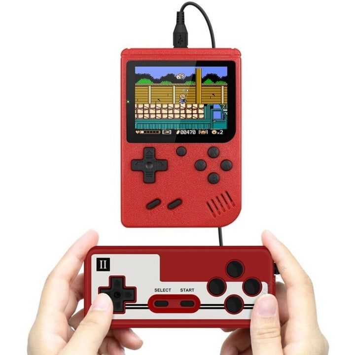 "Portable retro game player with 400+ classic games, sleek design, vibrant color options, fits in your pocket."