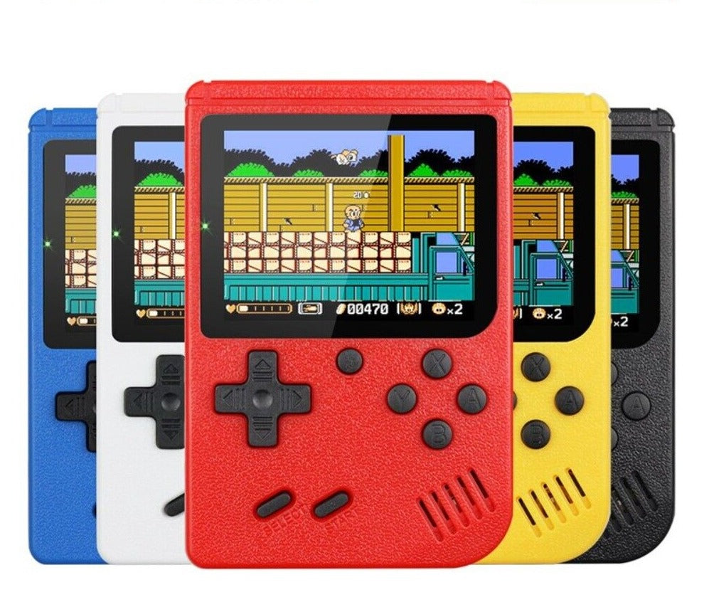 "Portable retro game player with 400+ classic games, sleek design, vibrant color options, fits in your pocket."