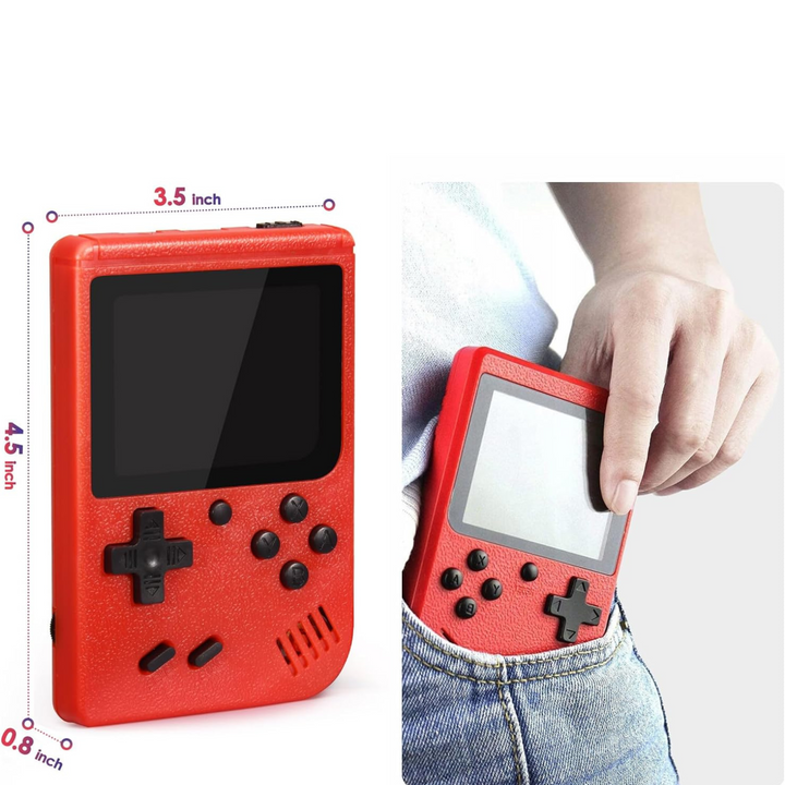 "Portable retro game player with 400+ classic games, sleek design, vibrant color options, fits in your pocket."