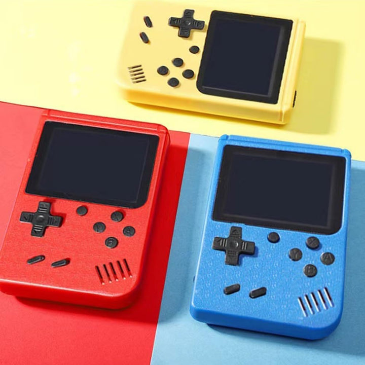 "Portable retro game player with 400+ classic games, sleek design, vibrant color options, fits in your pocket."