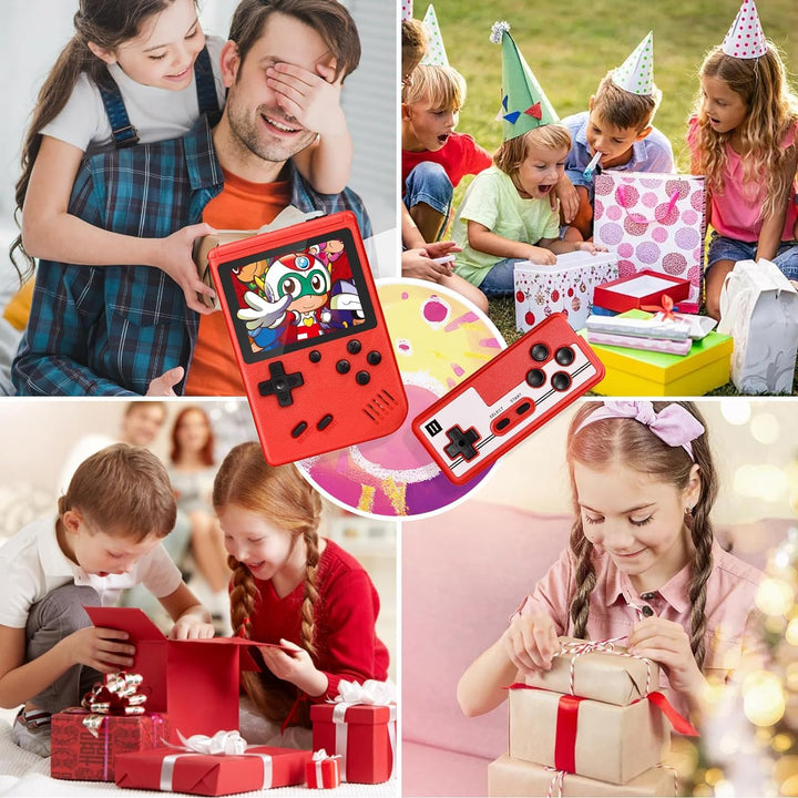 "Portable retro game player with 400+ classic games, sleek design, vibrant color options, fits in your pocket."