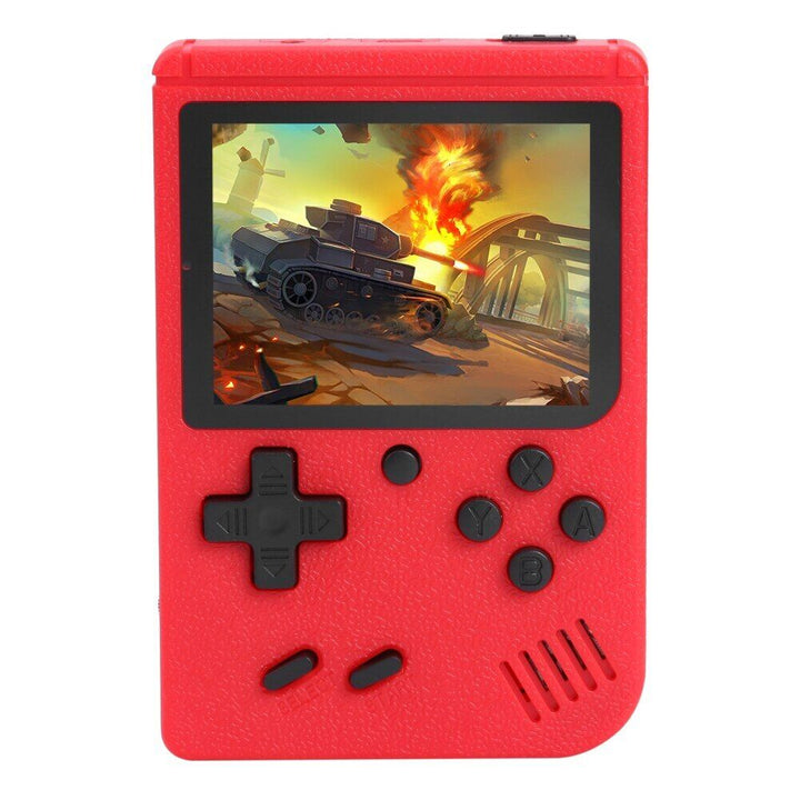 "Portable retro game player with 400+ classic games, sleek design, vibrant color options, fits in your pocket."