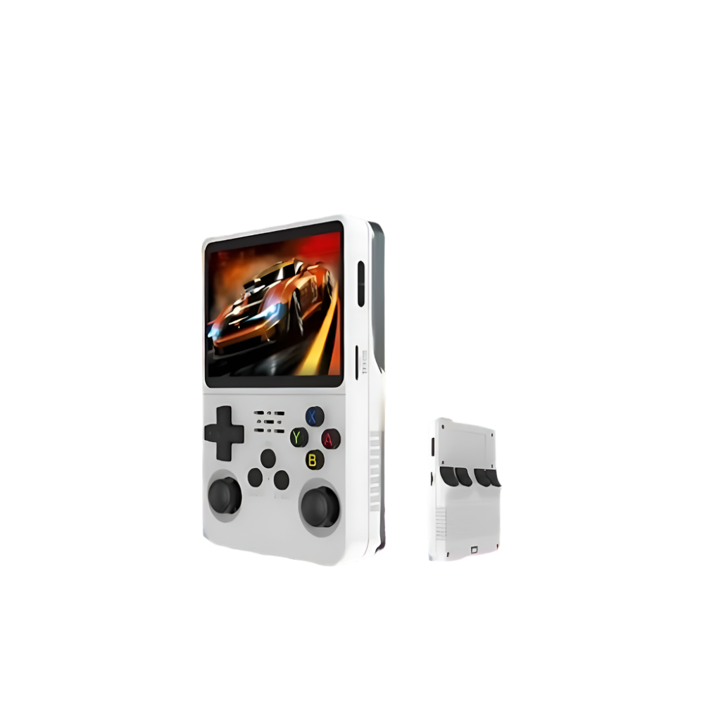Portable retro gaming console with HD screen, ergonomic design, 3D control sticks, and USB charging on white background.