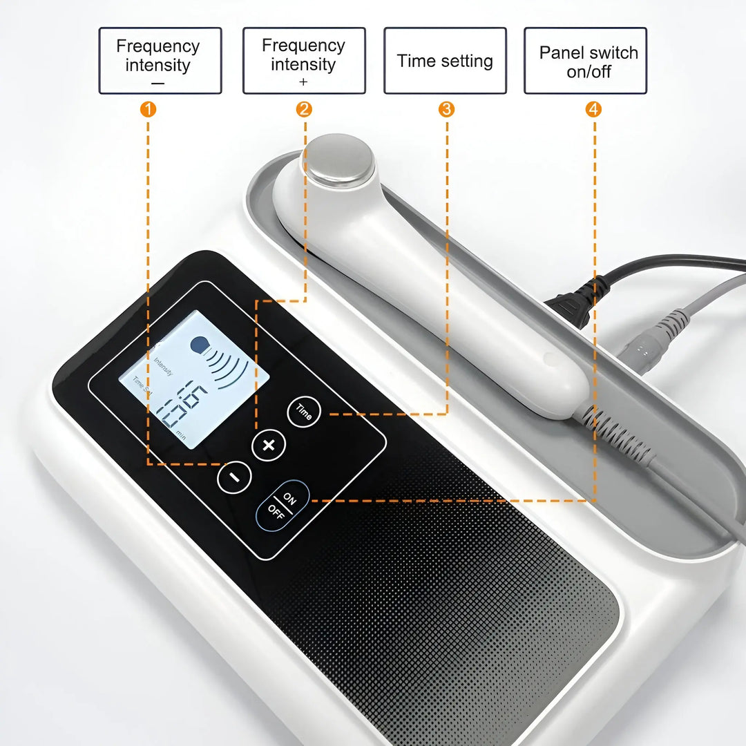 "Portable ultrasound therapy device for pain relief with sleek design, ideal for muscle recovery, home use, and travel."