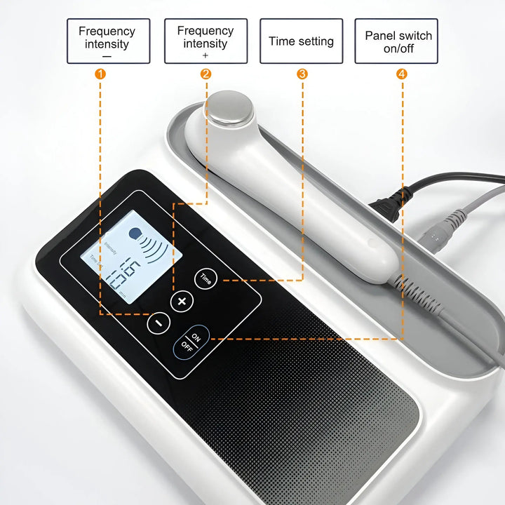 "Portable ultrasound therapy device for pain relief with sleek design, ideal for muscle recovery, home use, and travel."