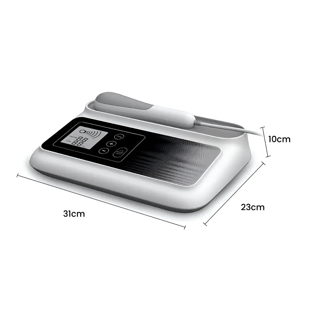 "Portable ultrasound therapy device for pain relief with sleek design, ideal for muscle recovery, home use, and travel."
