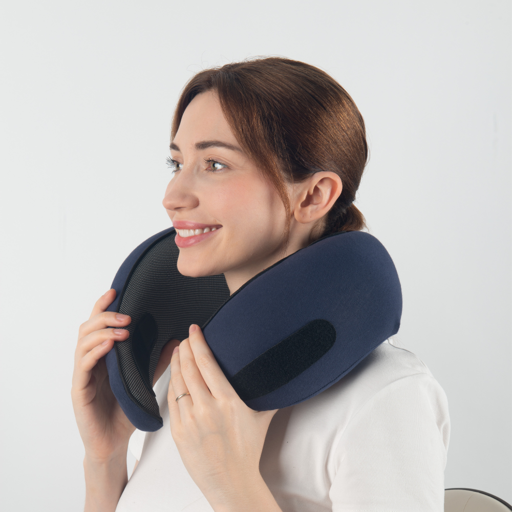 "Premium memory foam travel pillow, ergonomic neck support, sleek design, ideal for unisex comfort on-the-go."