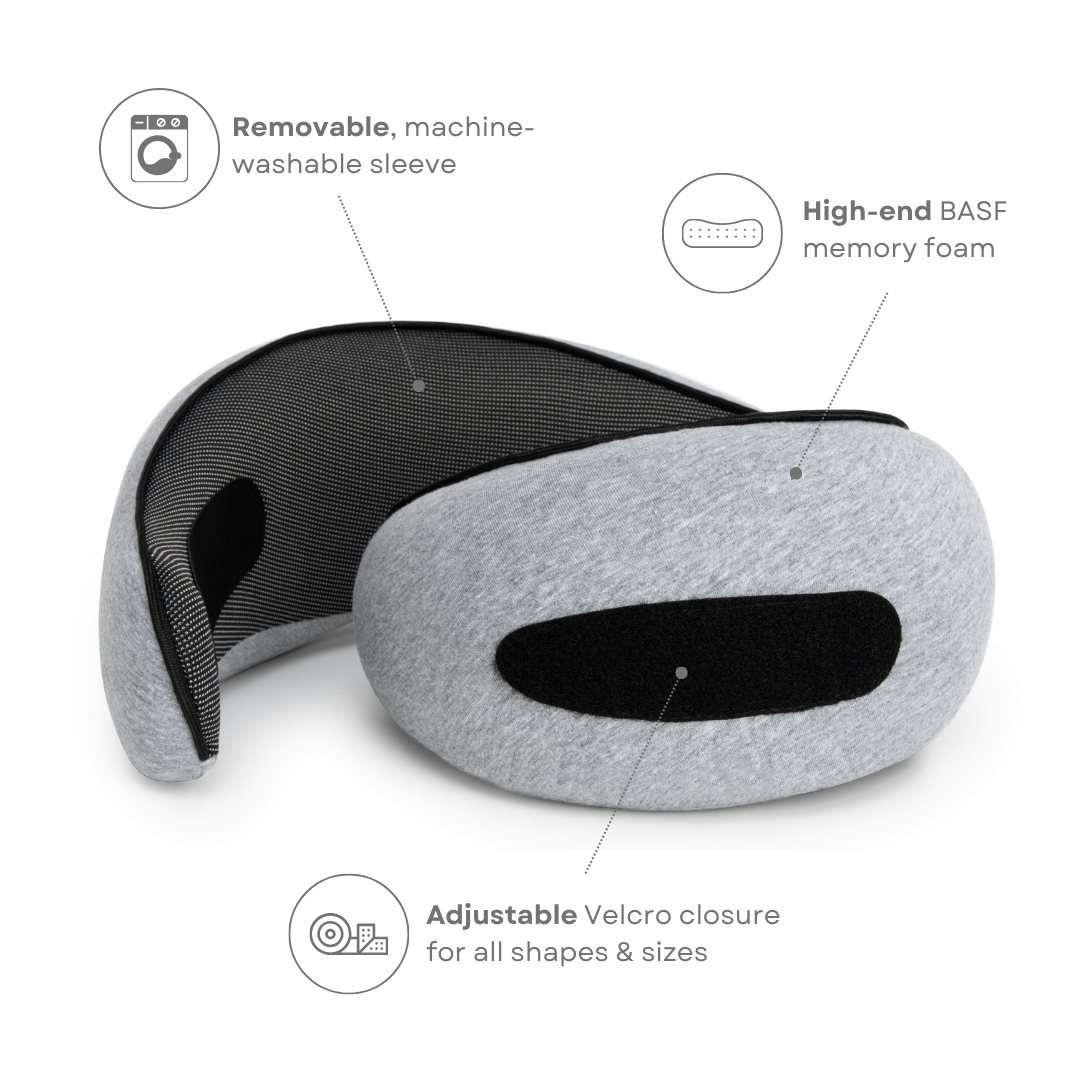 "Premium memory foam travel pillow, ergonomic neck support, sleek design, ideal for unisex comfort on-the-go."