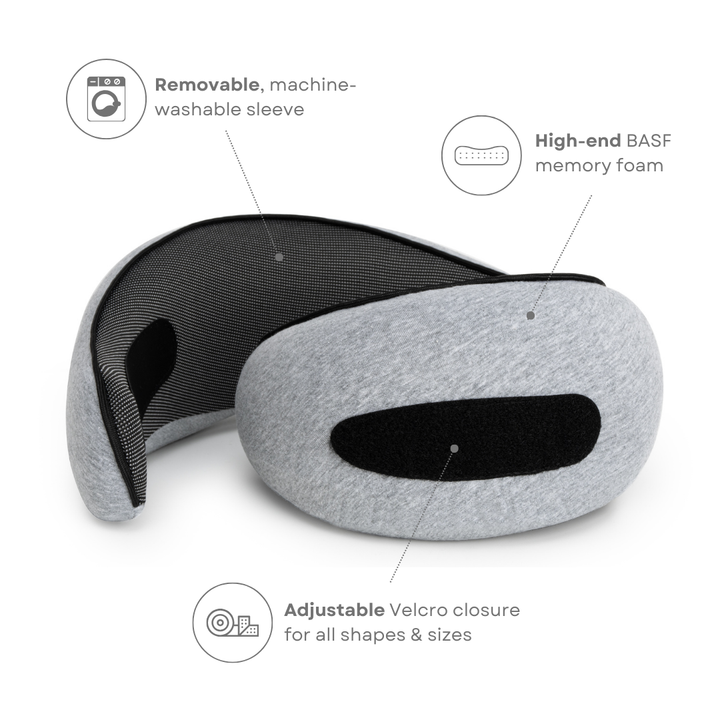 "Premium memory foam travel pillow, ergonomic neck support, sleek design, ideal for unisex comfort on-the-go."