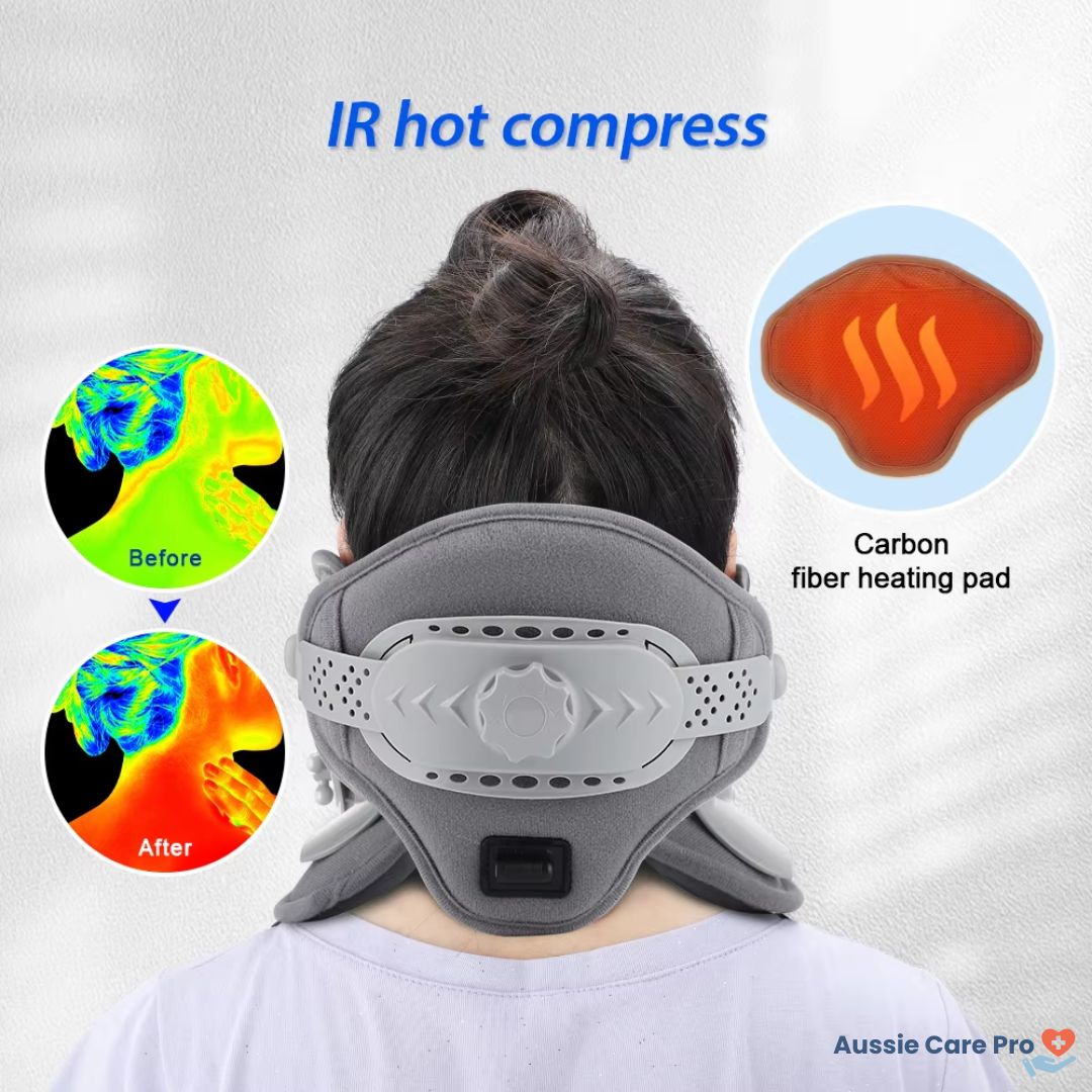 "Professional neck traction device with heat therapy, ergonomic design, supports neck posture, promotes relaxation and pain r