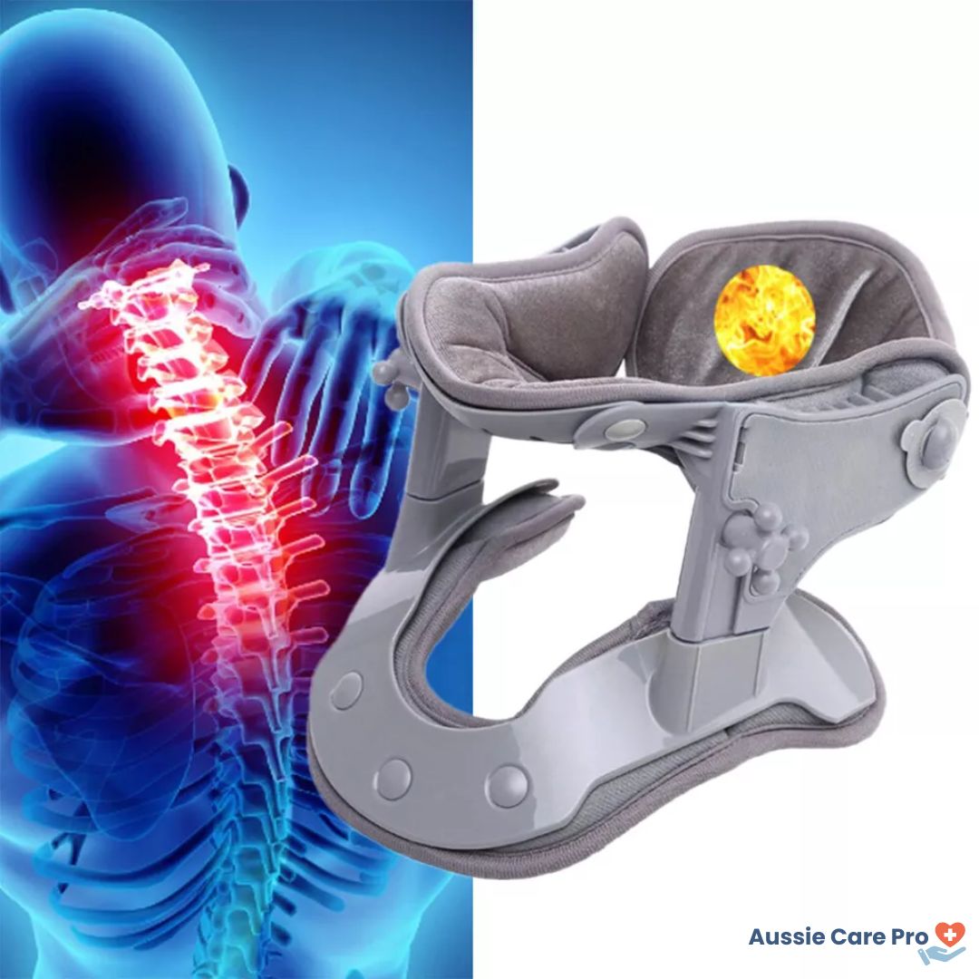 "Professional neck traction device with heat therapy, ergonomic design, supports neck posture, promotes relaxation and pain r