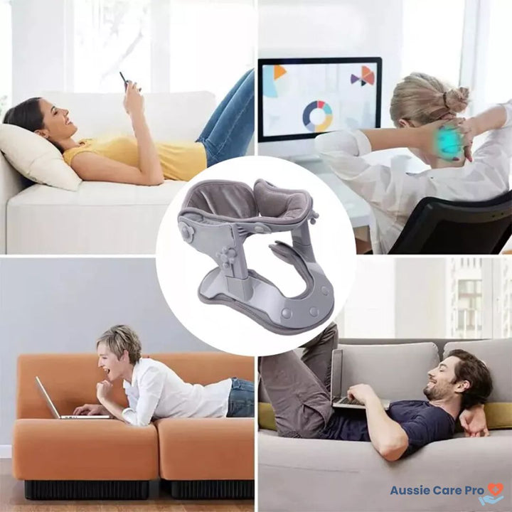 "Professional neck traction device with heat therapy, ergonomic design, supports neck posture, promotes relaxation and pain r