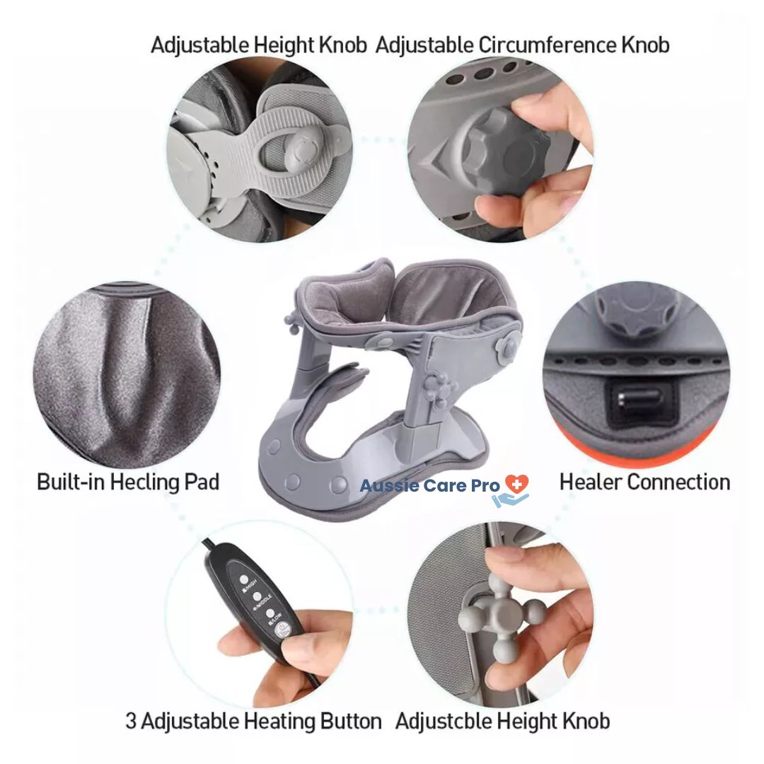 "Professional neck traction device with heat therapy, ergonomic design, supports neck posture, promotes relaxation and pain r