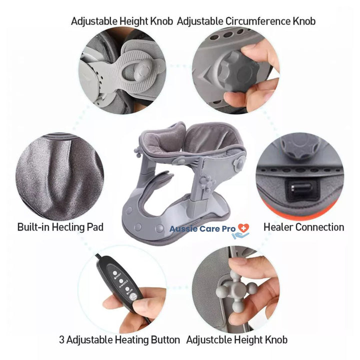 "Professional neck traction device with heat therapy, ergonomic design, supports neck posture, promotes relaxation and pain r