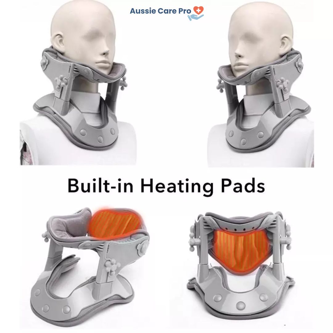"Professional neck traction device with heat therapy, ergonomic design, supports neck posture, promotes relaxation and pain r