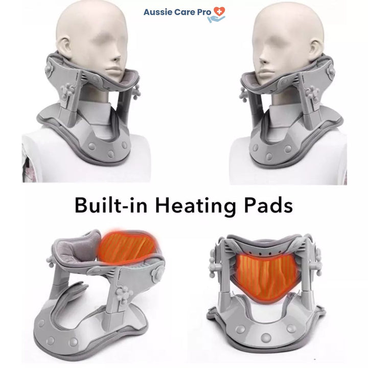 "Professional neck traction device with heat therapy, ergonomic design, supports neck posture, promotes relaxation and pain r