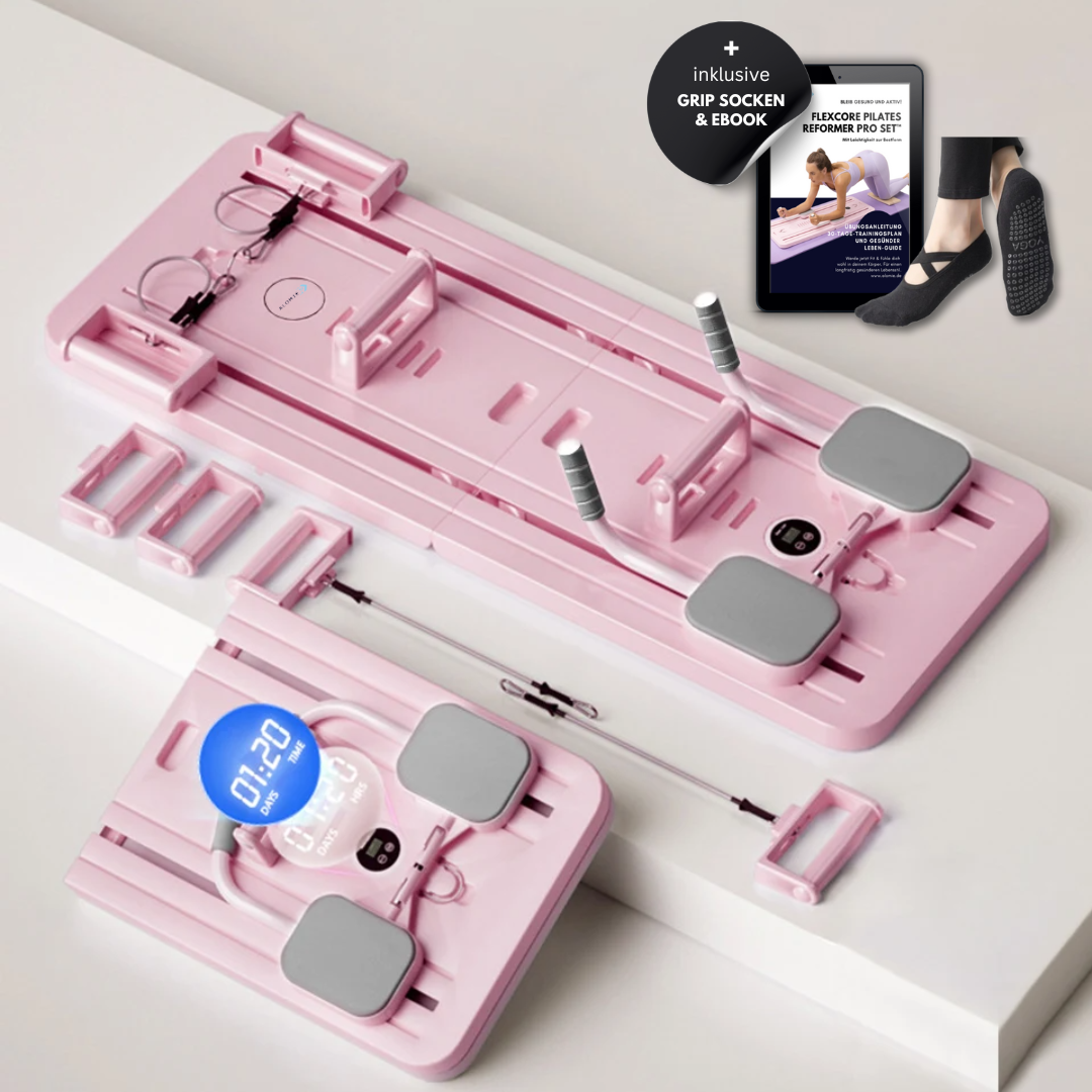 "Purple Pilates reformer set for all fitness levels, enhances core strength and flexibility, ideal for home or office use."