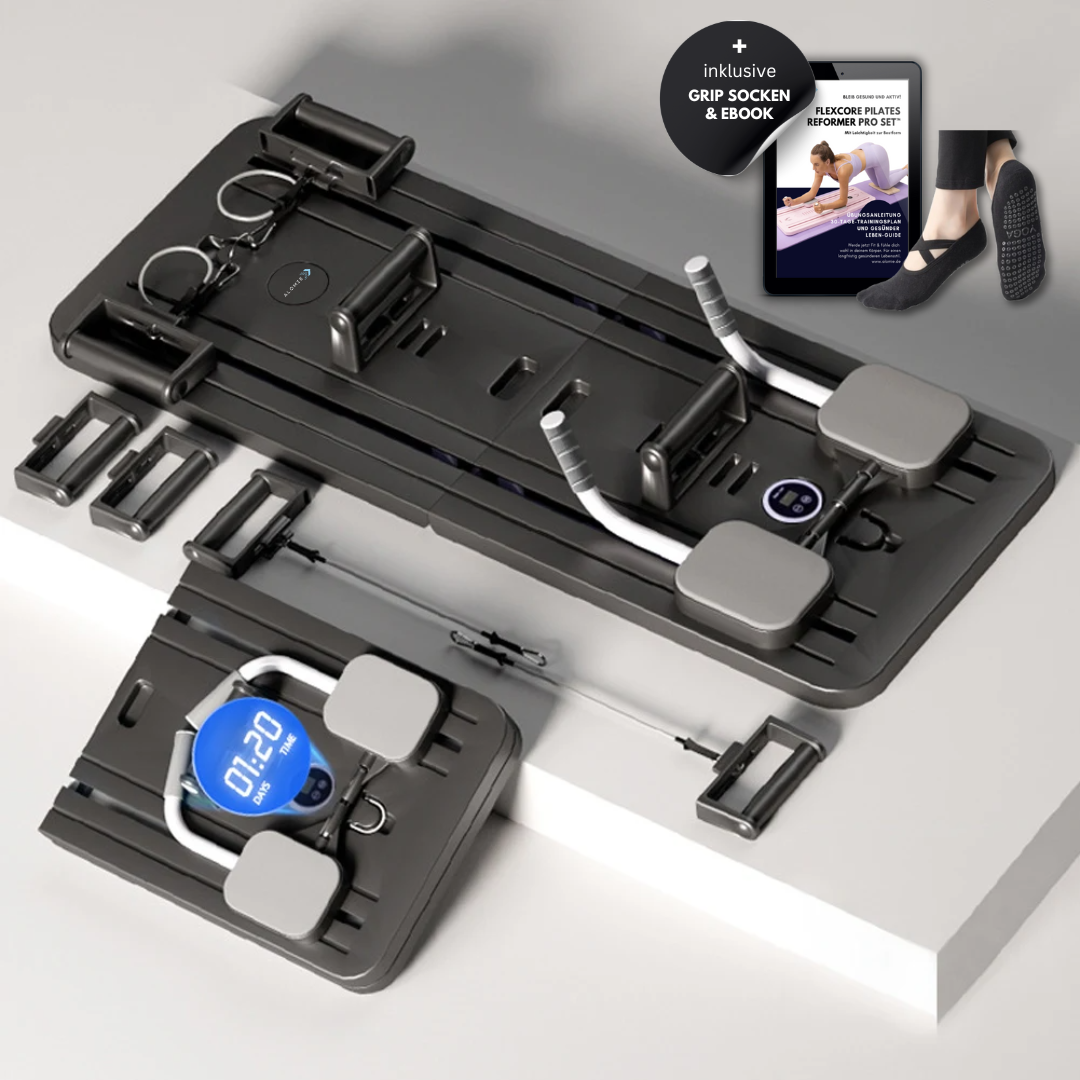 "Purple Pilates reformer set for all fitness levels, enhances core strength and flexibility, ideal for home or office use."