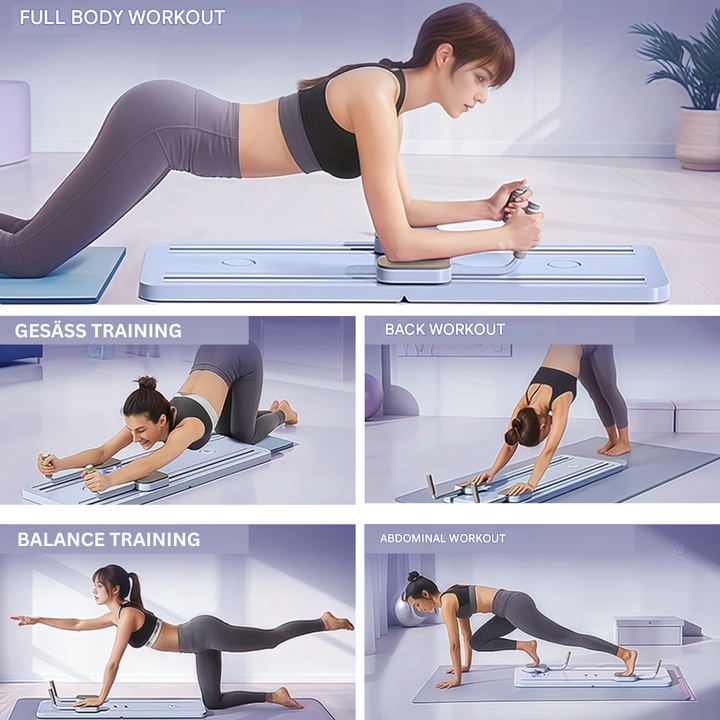 "Purple Pilates reformer set for all fitness levels, enhances core strength and flexibility, ideal for home or office use."