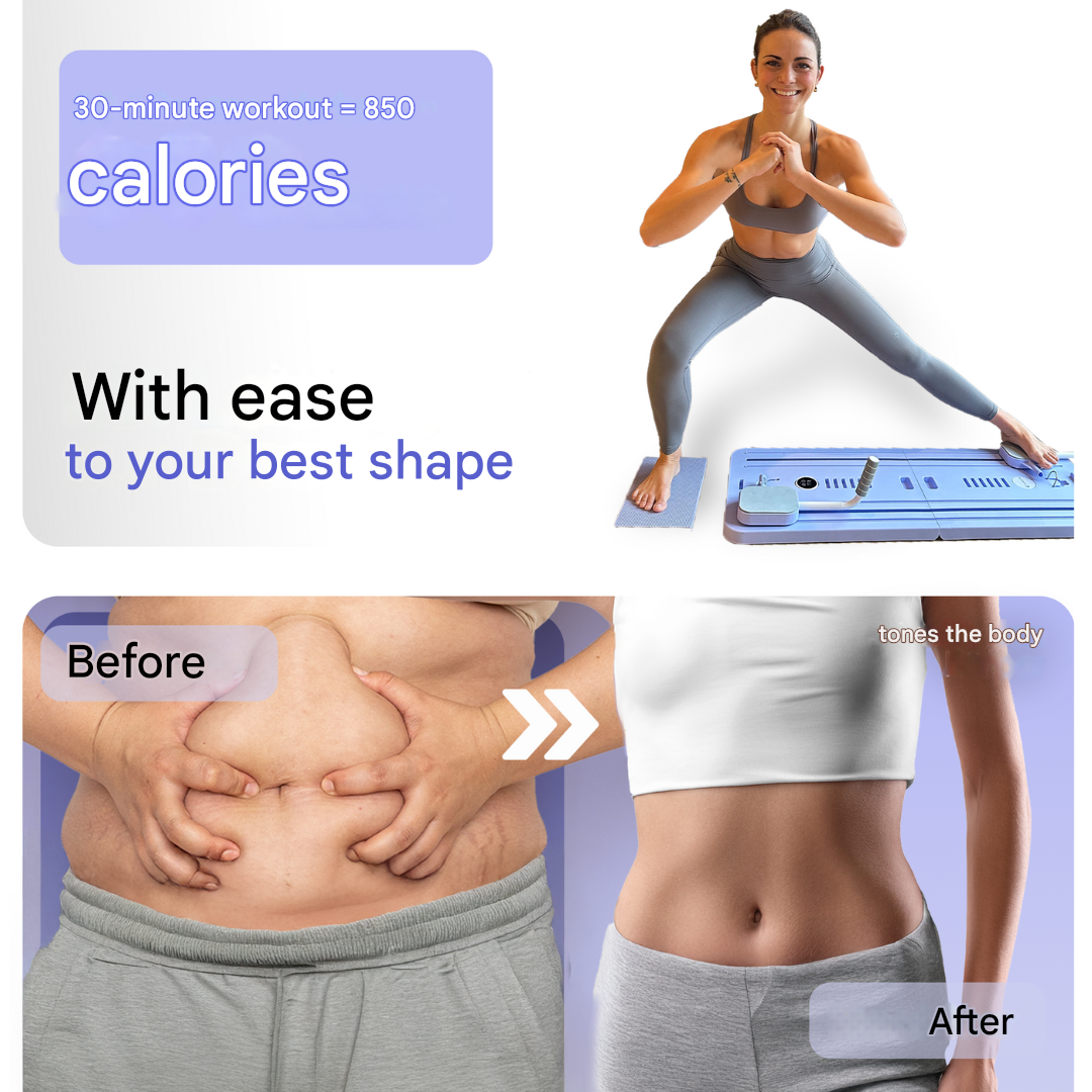 "Purple Pilates reformer set for all fitness levels, enhances core strength and flexibility, ideal for home or office use."