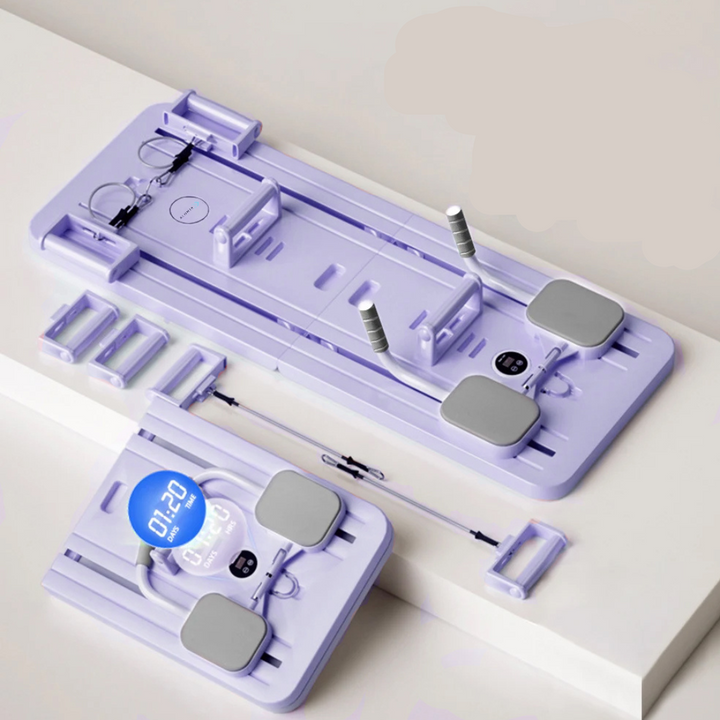 "Purple Pilates reformer set for all fitness levels, enhances core strength and flexibility, ideal for home or office use."