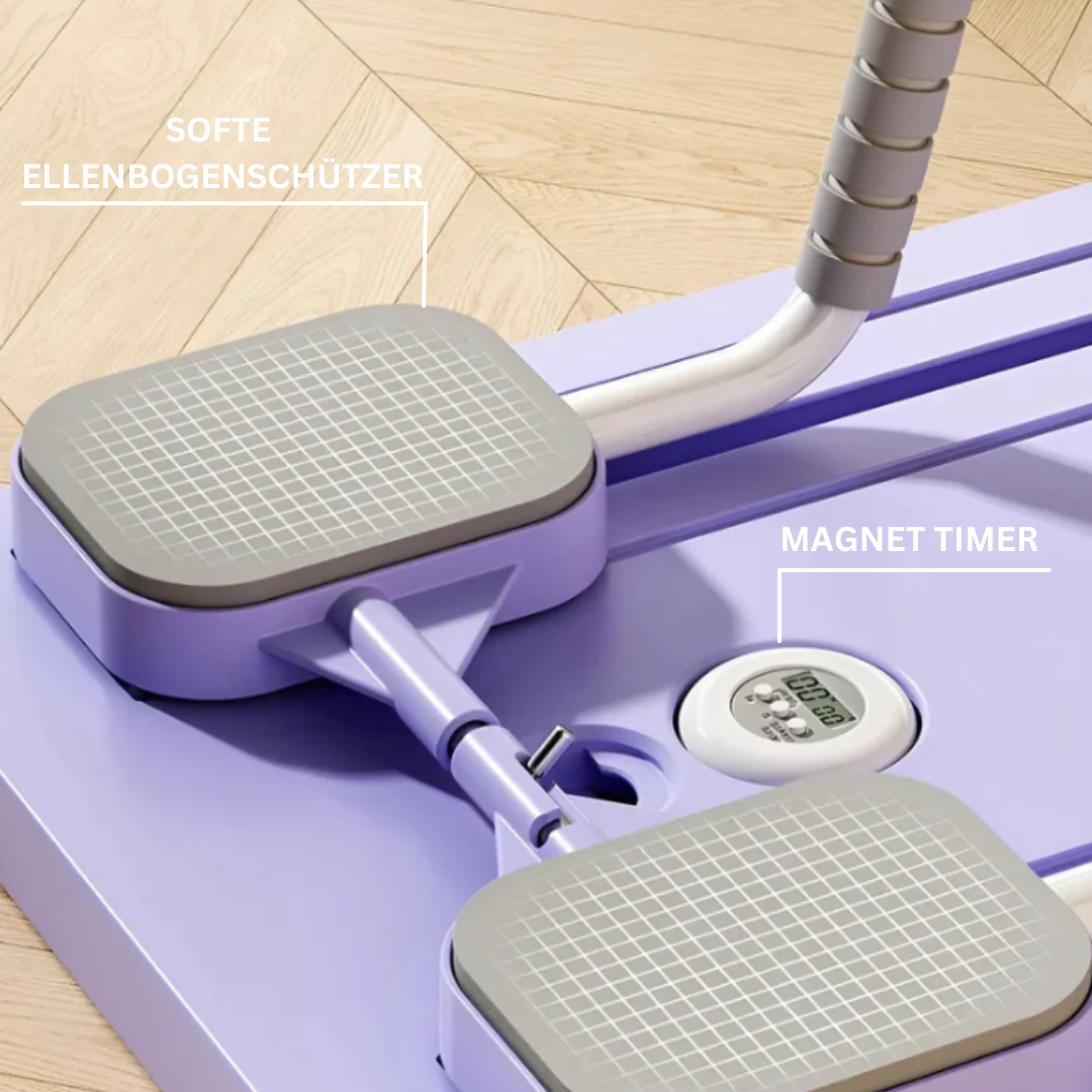 "Purple Pilates reformer set for all fitness levels, enhances core strength and flexibility, ideal for home or office use."