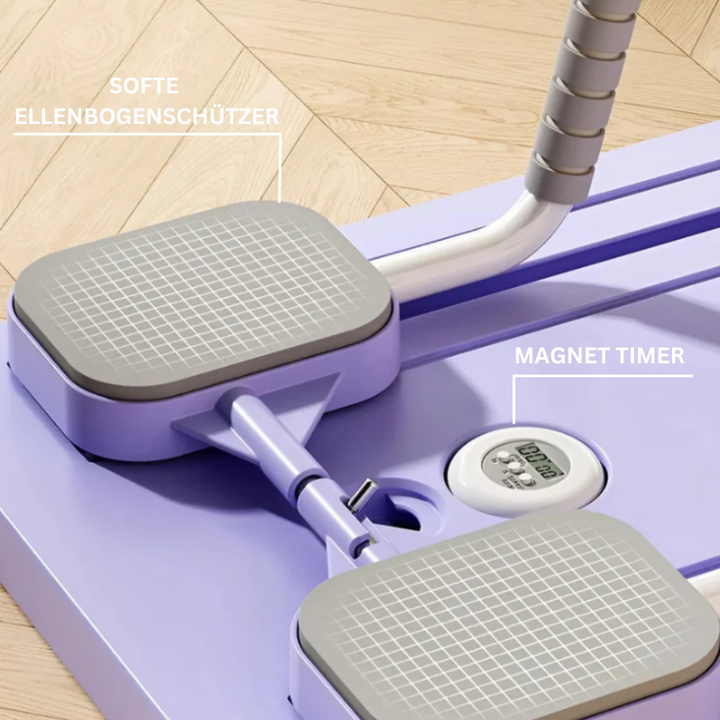 "Purple Pilates reformer set for all fitness levels, enhances core strength and flexibility, ideal for home or office use."