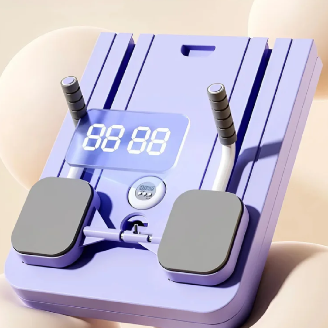 "Purple Pilates reformer set for all fitness levels, enhances core strength and flexibility, ideal for home or office use."