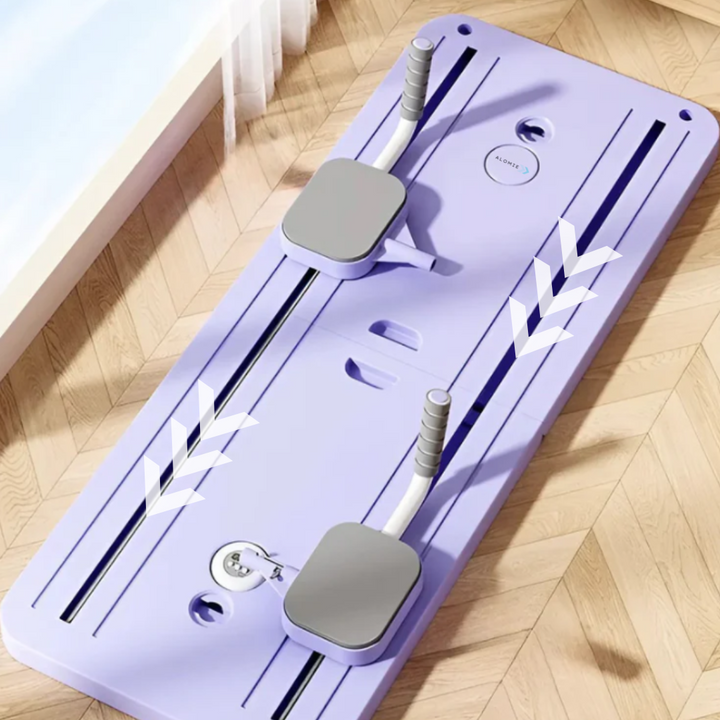"Purple Pilates reformer set for all fitness levels, enhances core strength and flexibility, ideal for home or office use."