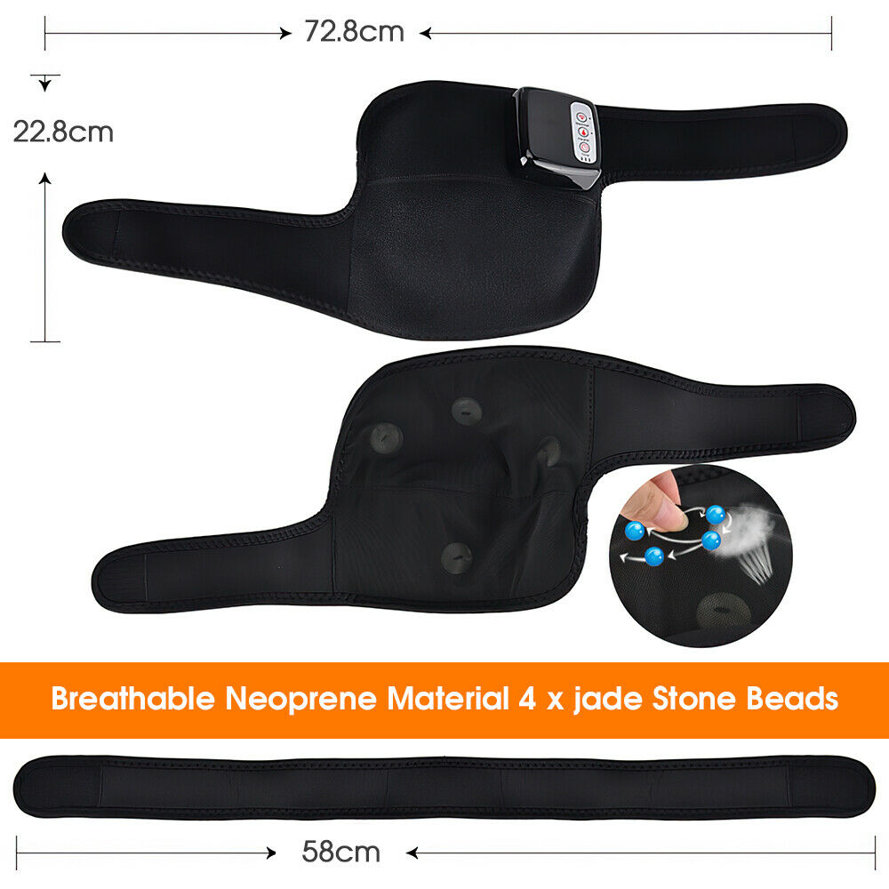 Rechargeable heated knee massager, black, combines heat and vibration for pain relief and improved blood circulation.