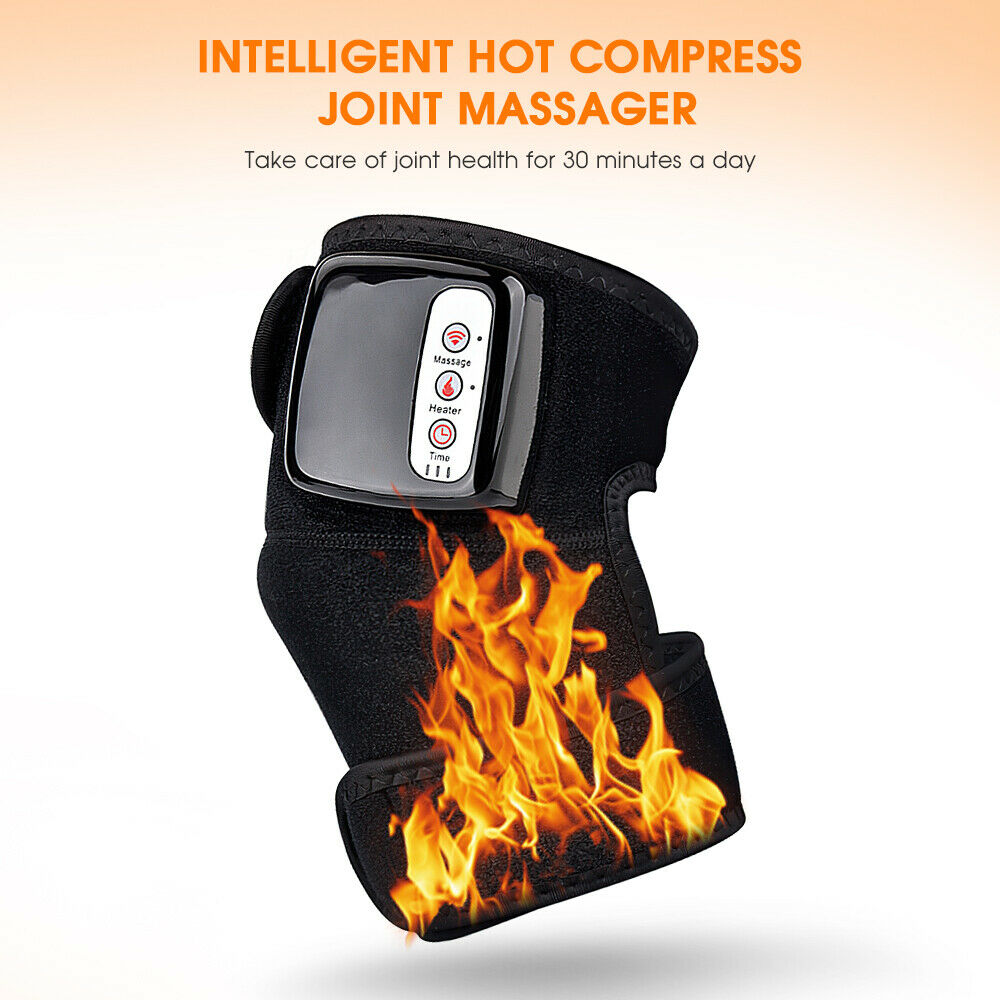 Rechargeable heated knee massager, black, combines heat and vibration for pain relief and improved blood circulation.