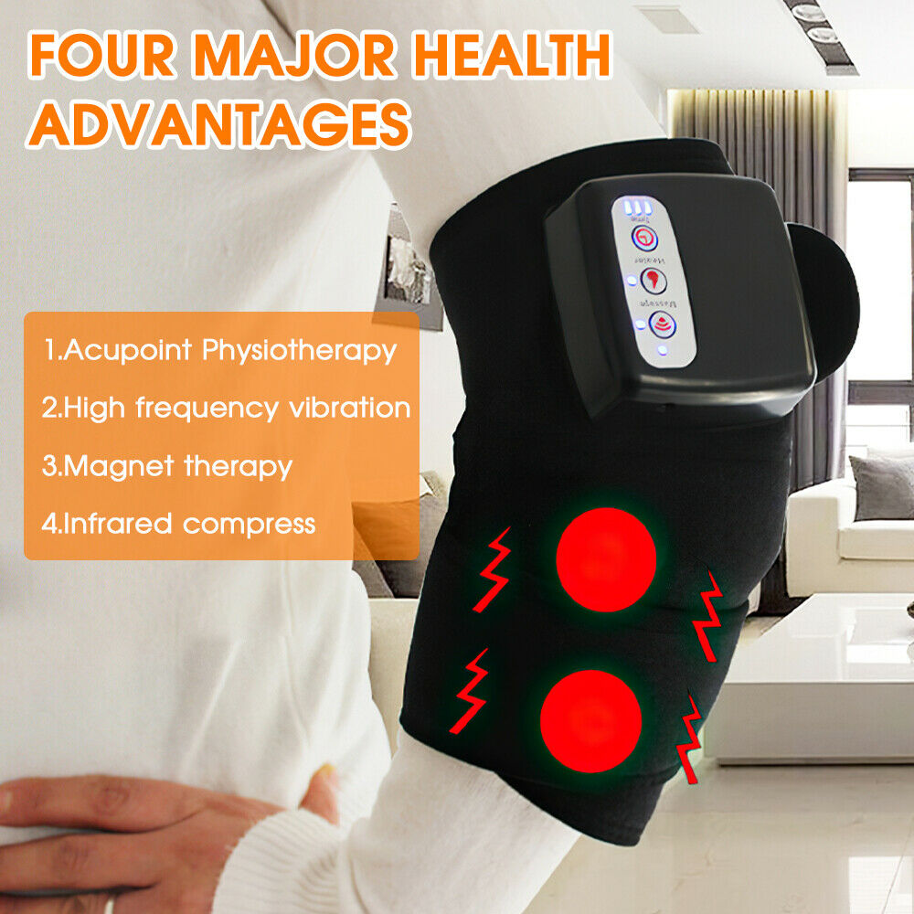 Rechargeable heated knee massager, black, combines heat and vibration for pain relief and improved blood circulation.